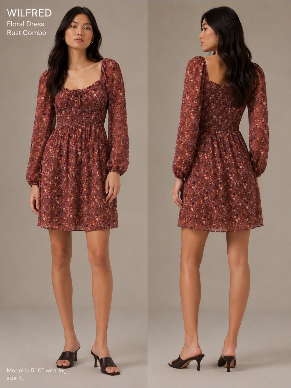 Wilfred Rust Combo Floral Square-Neck Long Sleeve Dress